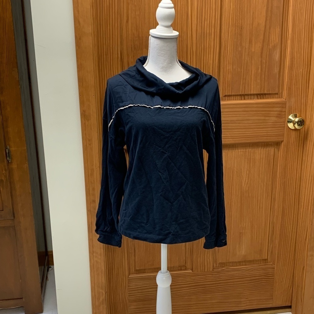 ZARA Basic pullover top shirt jersey w/satin bow/neck trim midnight navy blue LG